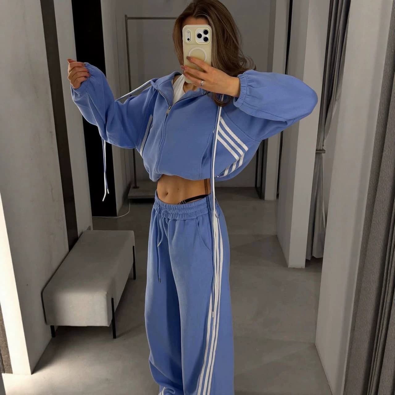 2026 Export Cotton Women's Loose Casual Hoodie Set with Three-Stripe Design, Oversized Style