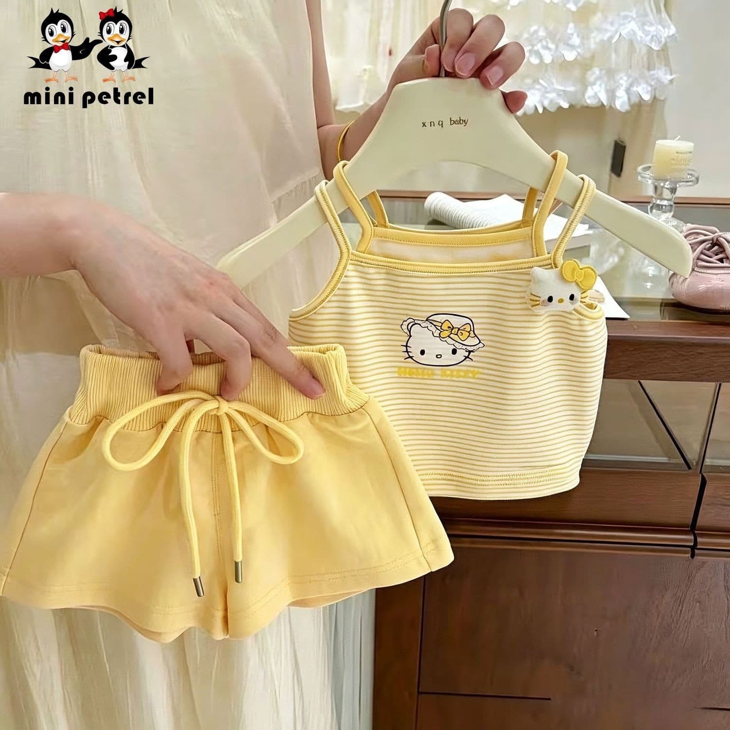 Korean Style Baby Girl Summer Casual Set Fashionable Fake Two-Piece Vest Top Shorts Trendy Kids Cute KT Cat
