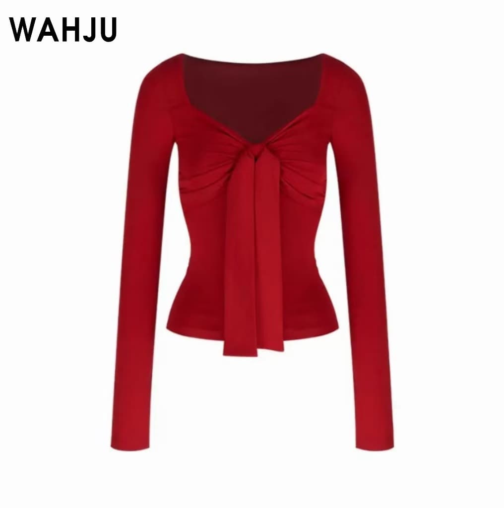 Trendy Outfit Versatile Lace-Up Long Sleeve Top Women Spring Pure Style Waist-Cinching Slimming Pleated Cropped Top