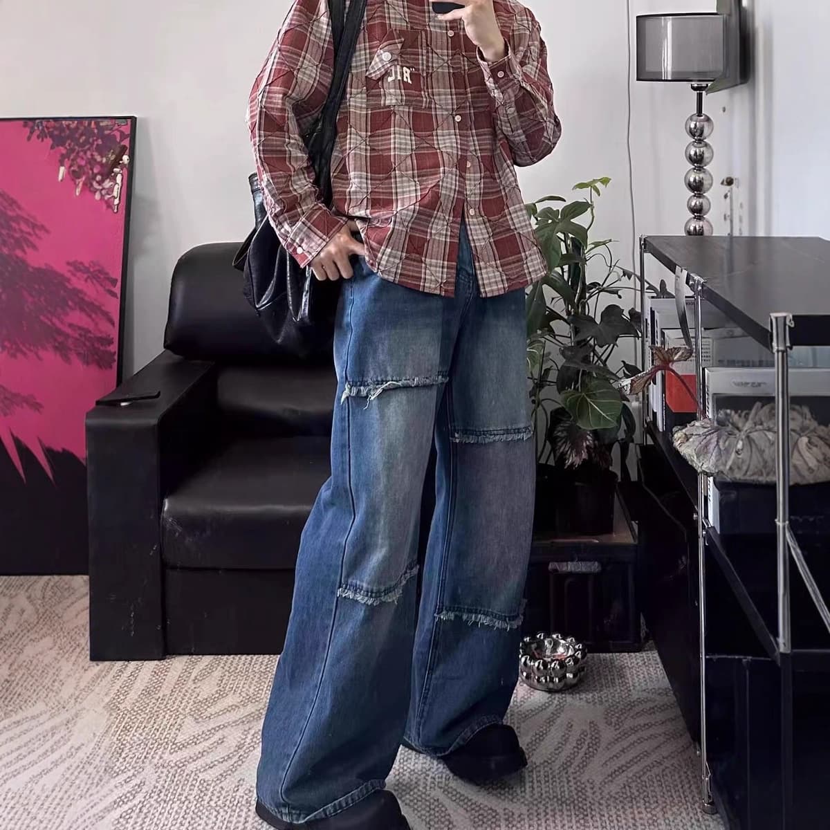 New Autumn Blue Jeans with Raw Hem Design for Men, Trendy Hip-Hop Versatile Loose Straight-Leg Floor-Length Pants