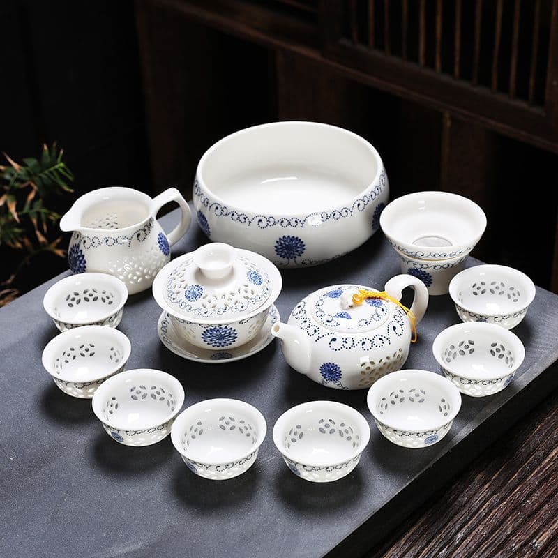 Exquisite Openwork Tea Set for Home Use, Complete Gongfu Teacup Set, Blue and White Porcelain Teapot with Lid and Bowl, Minimalist Style, Drop Shipping Available