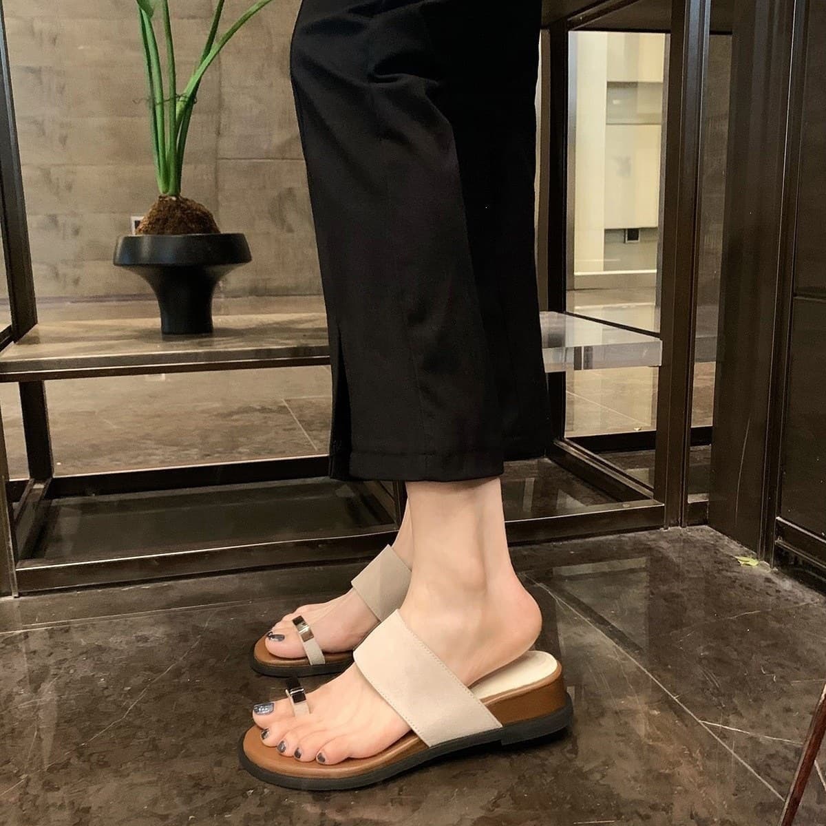Chuyuji One-Strap Open-Toe Flat Slide Sandals for Women Summer