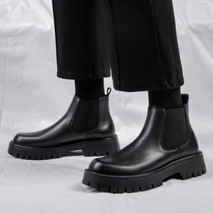Men's Martin Boots Winter Genuine Leather British Chelsea Boots Fleece-Lined High-Top Leather Boots Trendy Versatile