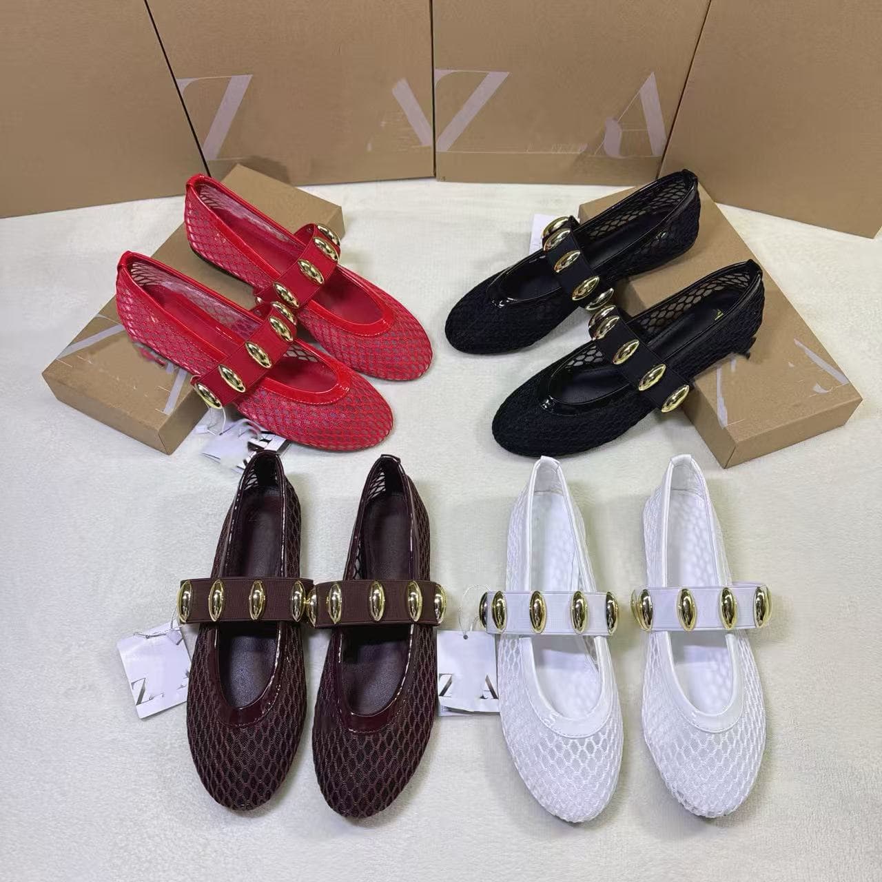 Factory Direct Supply Summer Mesh Hollow Red Round Toe Rivet Women's Casual Flat Shoes