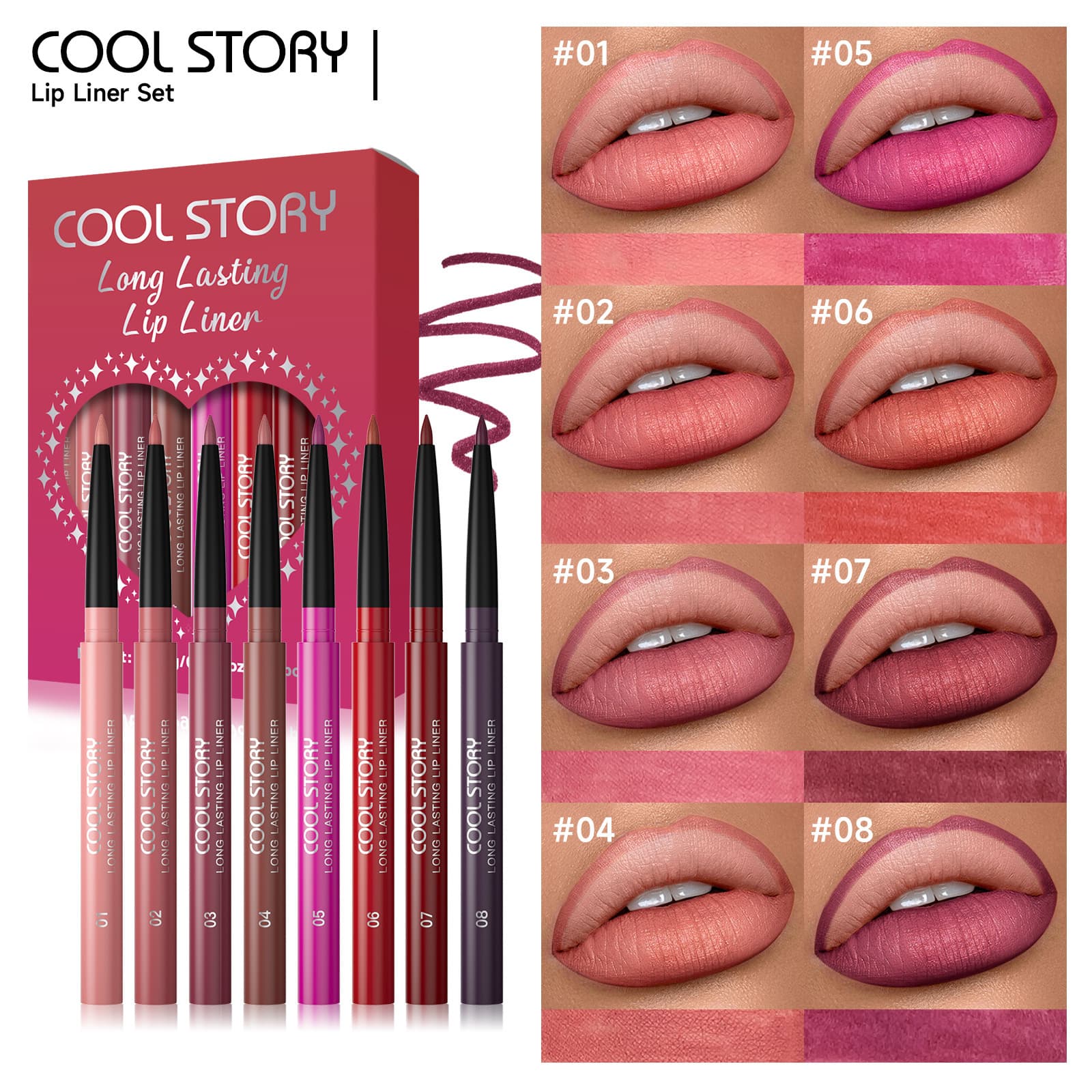 European and American Fine Tip Lip Liner Set, Long-lasting Color, Smooth Fills Lip Lines for Full Lip Shape, Multi-Color Lip Pencil