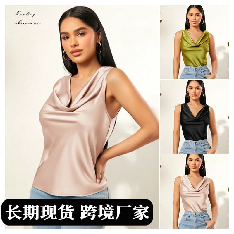 2026 Summer New Satin Layered Collar Solid Color Sleeveless Vest European and American Women's Sleeveless Top Wholesale