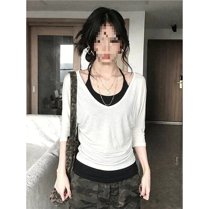 Rayon Layered V-Neck Mid-Sleeve T-Shirt Two-Piece Set for Women, Summer Trendy Halter Neck Tank Top Fitted Waist Top