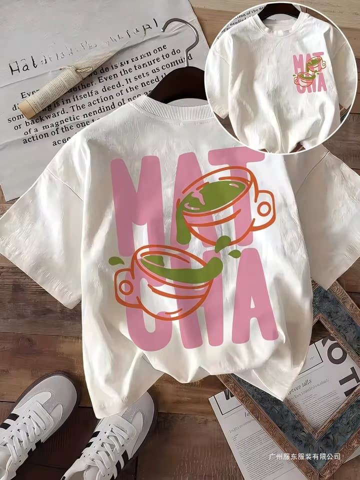 Vintage Matcha Club Green Tea Graphic T-Shirt for Women, Pink Letter Print T-Shirt, Summer Casual Streetwear
