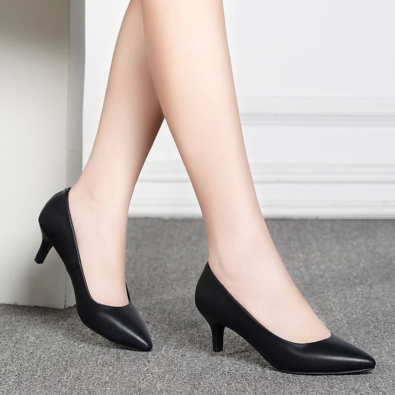 Mid-sole Soft Formal Women's Four-Season Single Shoes Pointed Heels Black Leather Work Shoes Professional Women's Shoes