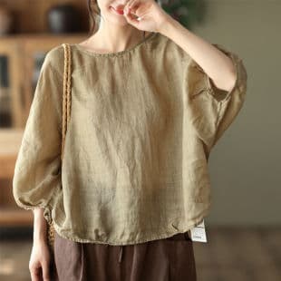 Tencel Cotton Linen Women's Batwing Sleeve Top French Artistic Thin Loose Breathable Pullover T-Shirt Ultra-Light Sun Protection