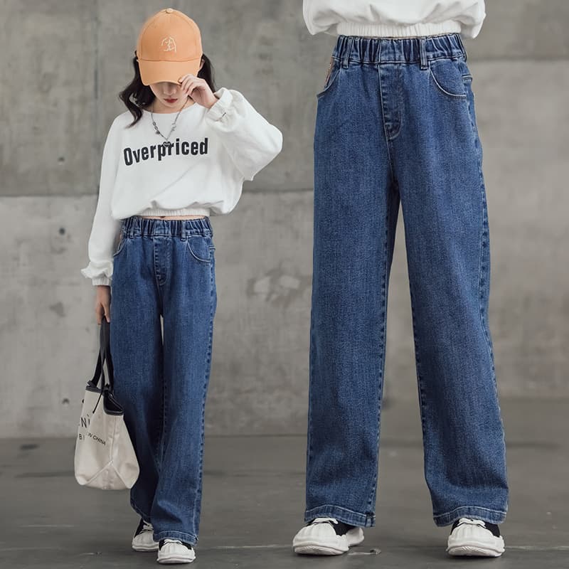 Cross-Border Wholesale Children's Pants, Girls' Fashionable Jeans, Autumn Style, Medium and Large Children's Fleece-Lined Straight Pants, Korean Style Wide-Leg Pants, Winter Style