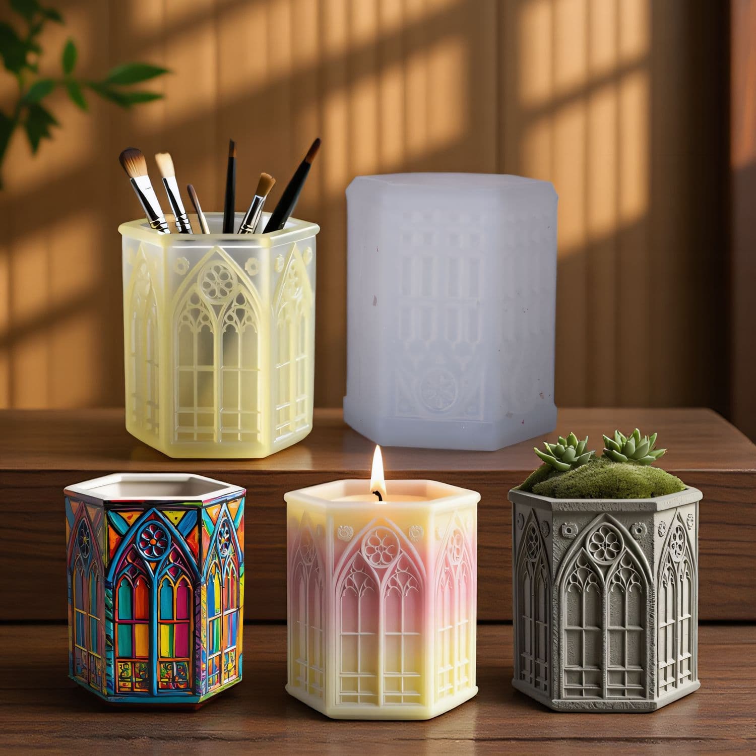 Yindian Church Window Cement Plaster Cup Mold DIY Resin Storage Cup Flower Pot Ornament Silicone Mold