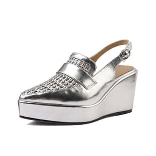 Summer Vacation Style Silver Cowhide Hollow Wedge Sandals Square Toe Thick-Soled Buckle Strap Sandals Platform Beach Shoes