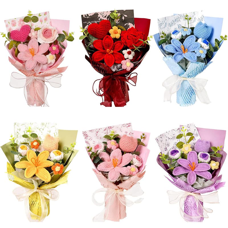 Amazon Wholesale Finished Yarn Flower Bouquets Sunflower Rose Knitted Artificial Fake Handmade DIY Crochet Mother's Day
