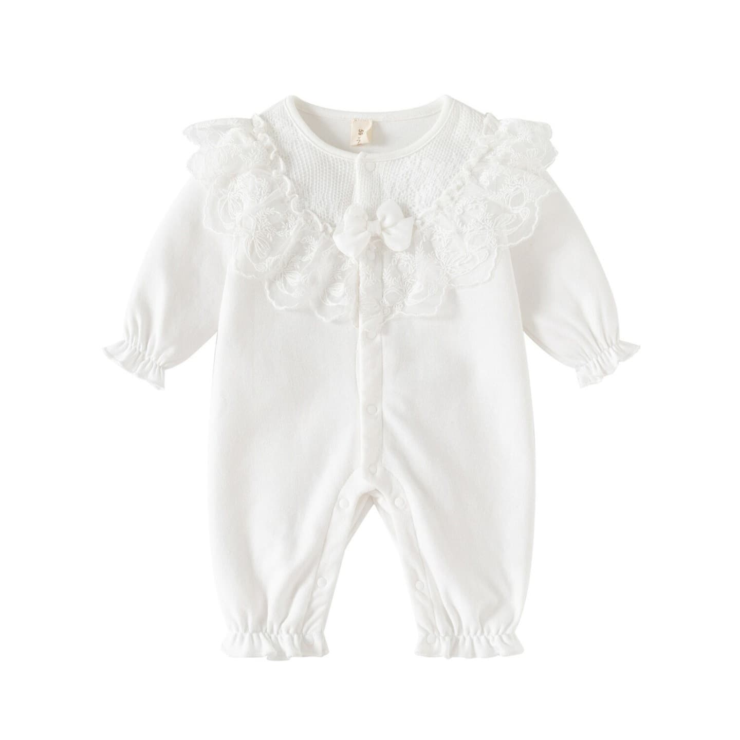 French Lace Collar Pure Cotton Baby Long-Sleeve Romper, Princess Style for Baby Girls, Newborn Full-Month Outfit