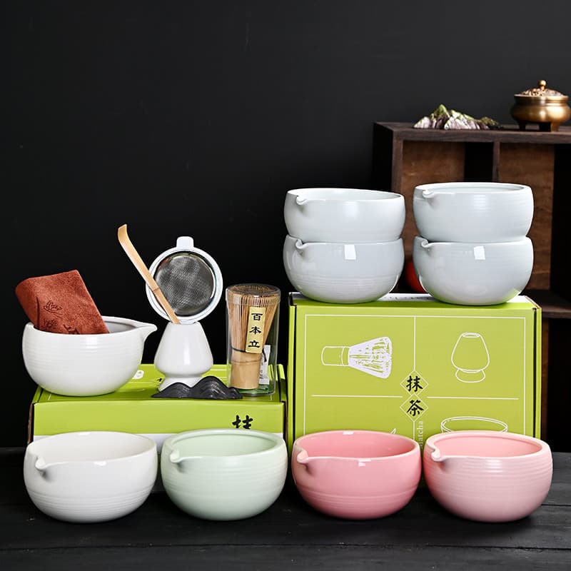 Japanese Spouted Matcha Bowl Set 7-Piece, Hyakuhon-stand Tea Scoop, Tea Strainer, Tea Towel, Chopstick Rest, Tea Whisk Stand 4-Piece Set