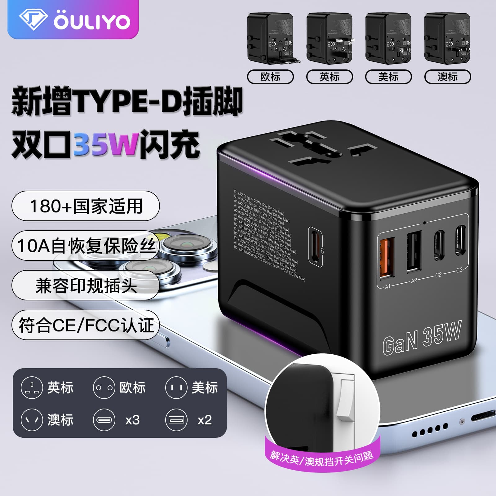 India standard 35W USB travel multi-country plug adapter, creative Type-C US/EU socket