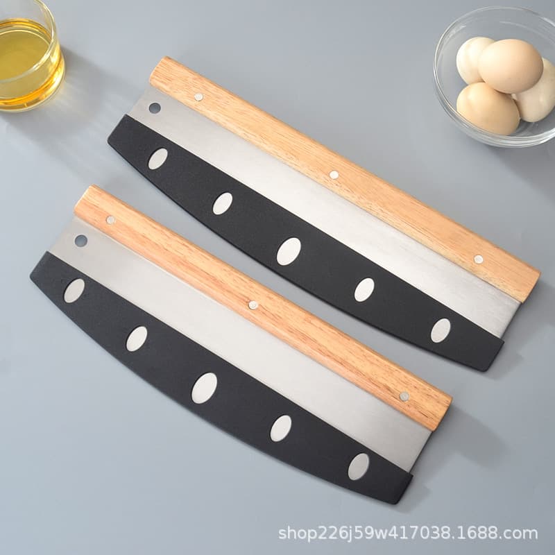 Factory 12-inch 14-inch stainless steel half-moon wooden handle pizza cutter, scalloped edge curved blade, baking tool