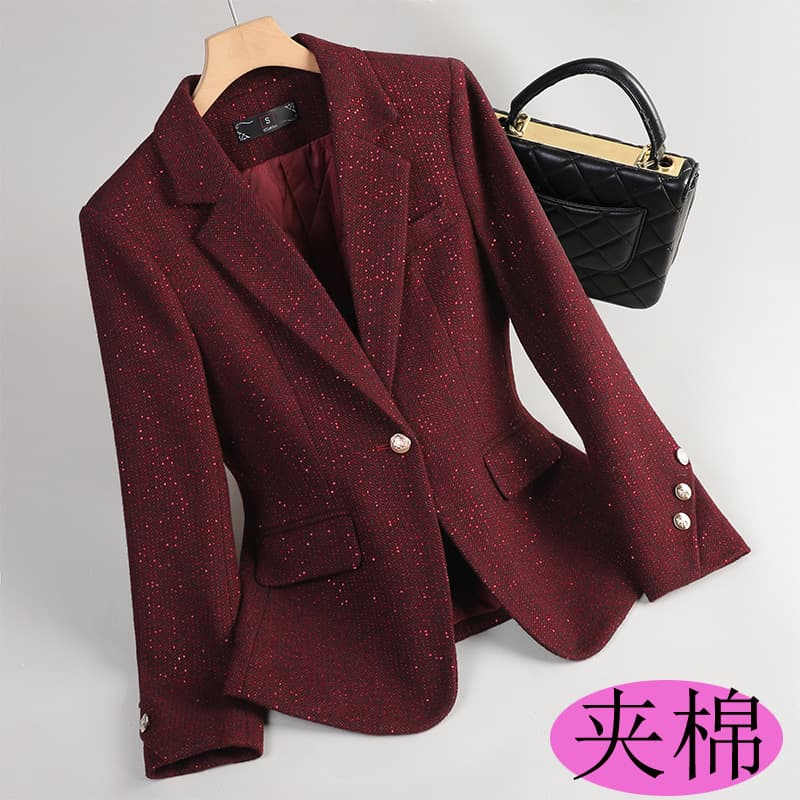 Short Wool Blazer for Women Autumn Winter Fashion Sequins Petite Slim Quilted Thickened Woolen Suit Jacket