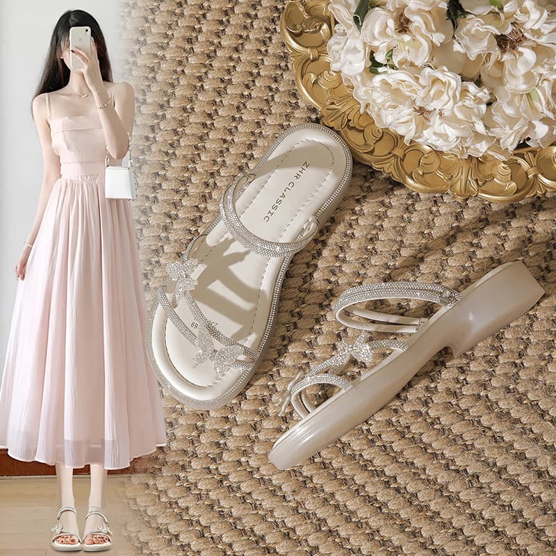ZHR Butterfly Rhinestone Flat Sandals Women's Shoes 2025 New Fashionable Comfortable Breathable Wear Versatile Slippers