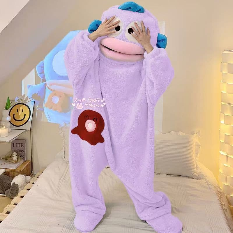 Ugly Fish Hanton Cute Funny One-piece Couple Pajamas for Men and Women Winter Fleece-lined Thickened Coral Fleece Cartoon Home Clothes