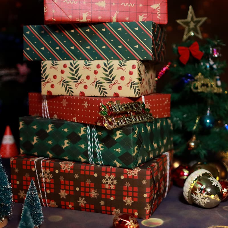 100 Yellow Kraft Gift Wrapping Paper Christmas Gift Paper Old Man Snowflake Stripe Christmas Tree Decoration Paper
