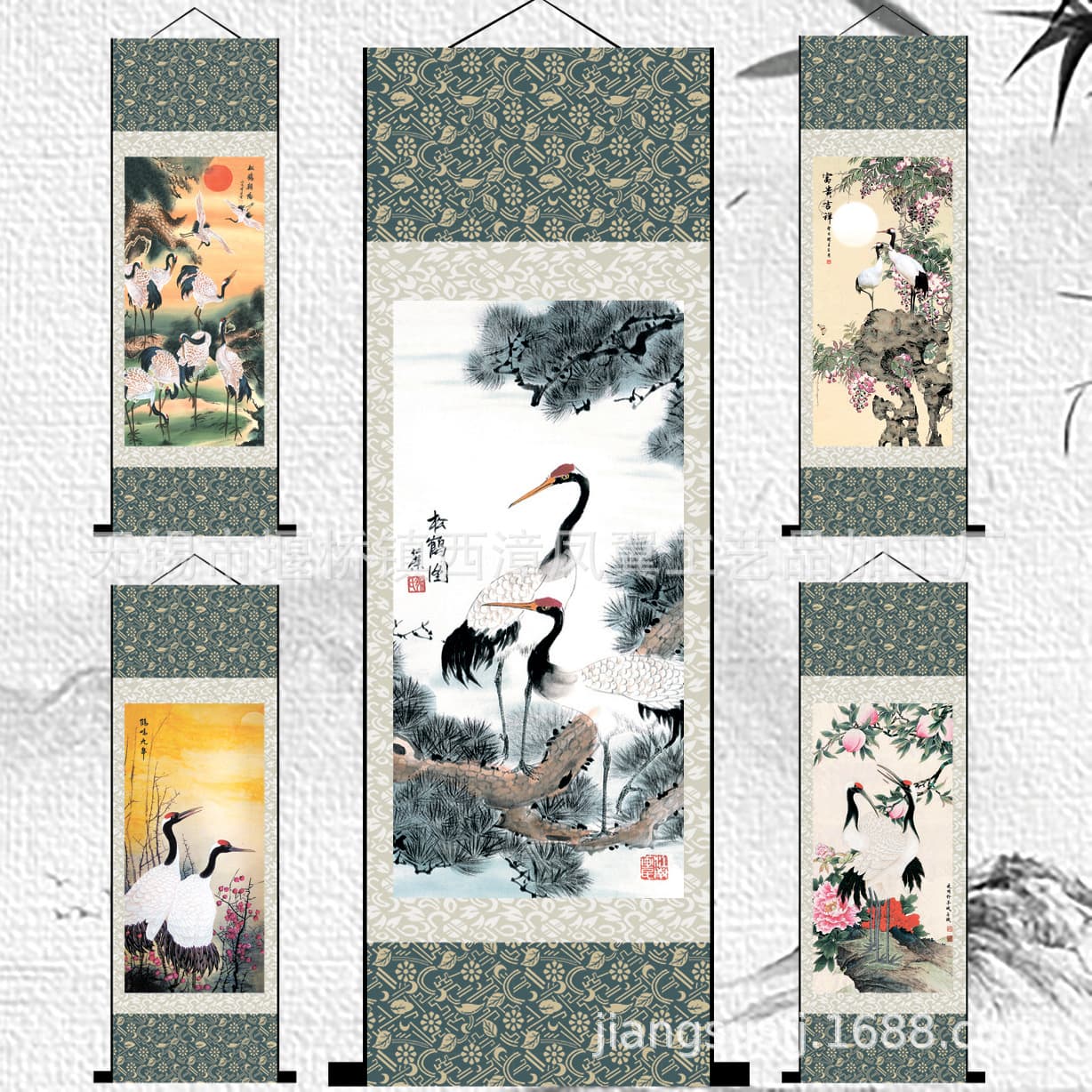 Living Room Office Study Hanging Crane and Hundred Birds Painting Pine Crane Facing Sun Silk Scroll Traditional Chinese Art