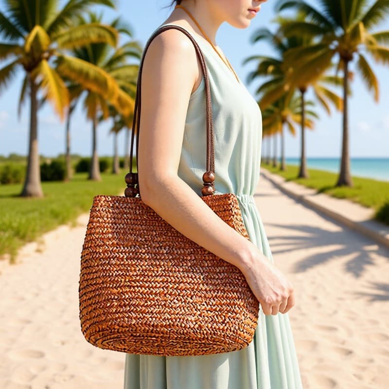 Minimalist Fashion Personalized Beaded Straw Woven Bag Shoulder Casual Vintage Woven Bag Large Capacity Wheat Straw Beach Bag for Women
