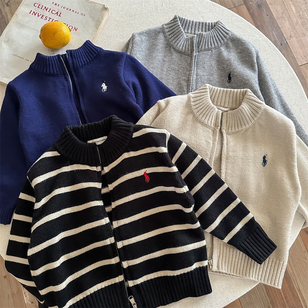 Boys' Autumn Cardigan Sweater, Knit Jacket with Mid-Collar, Zipper Closure, Fashionable
