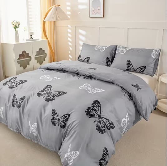3-Piece Butterfly Pattern Comforter Set - Soft Polyester, Zipper Closure, Machine Washable - Includes