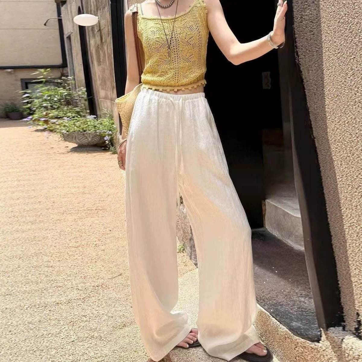 Women's Summer Thin White Linen-Like Wide-Leg Pants, Old Money Style, Loose Fit, Slimming, Casual, Versatile Long Pants