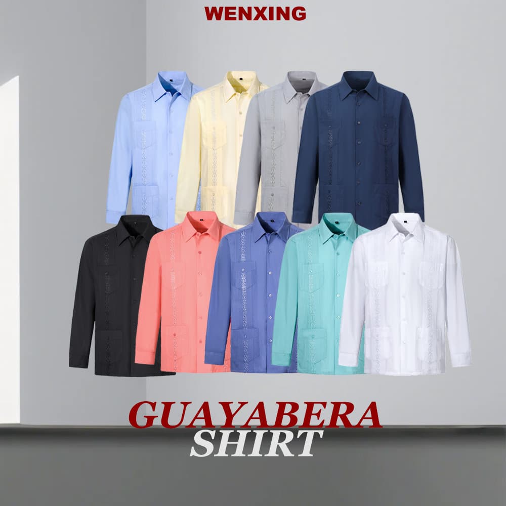 Dacheng Men's Shirt Factory European and American Men's Guayabera Striped Shirt Men's Long Sleeve Four-Pocket Shirt