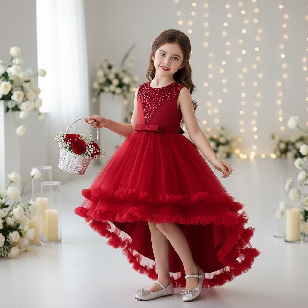 Children's Catwalk Train Dress Wedding Flower Girl Princess Dress Girls Piano Performance Costume Birthday Dress Tulle Skirt