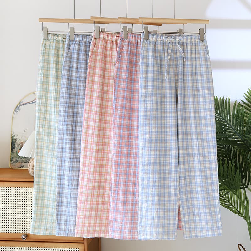 Plaid Washed Cotton Women's Pants Side Pocket Drawstring Cotton Four Seasons Thin Loose Home Pants Exterior-Wearing Loose Pants