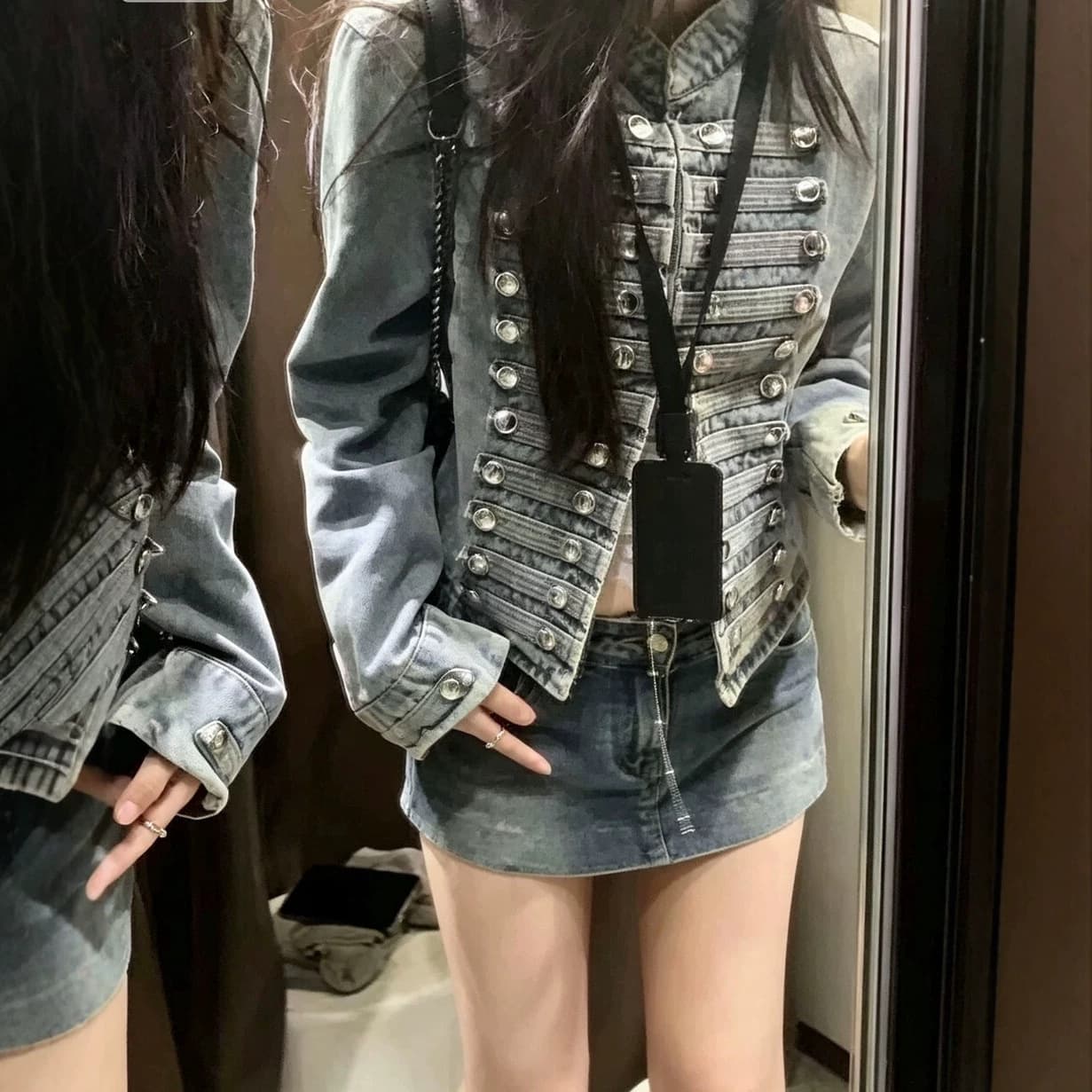 2026 Fall New European and American Style Stand Collar Denim Short Jacket for Women, Waist-Tightening Design, Double-Breasted Long-Sleeve Coat