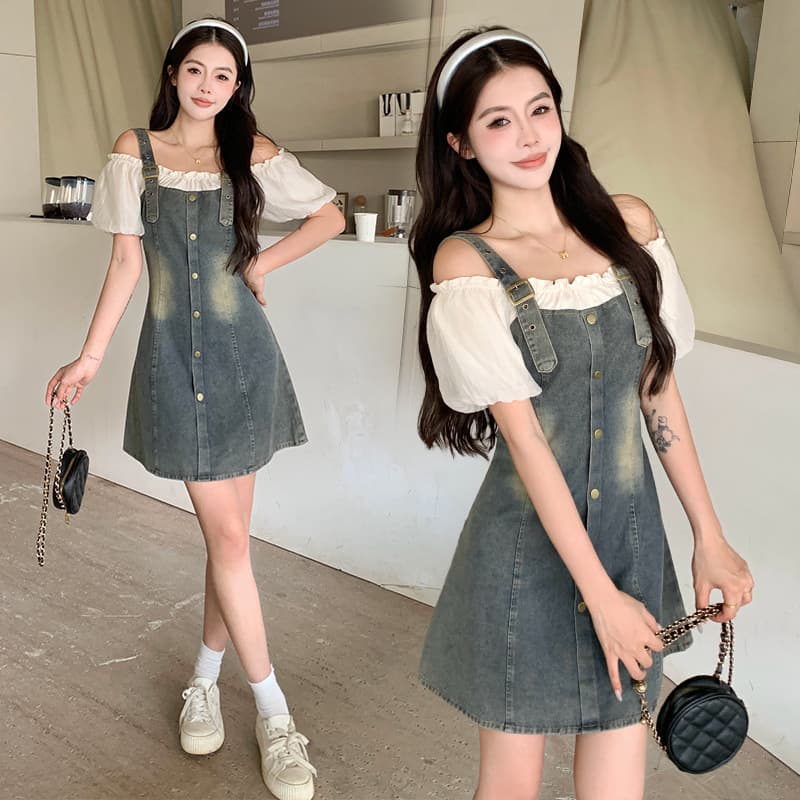 Spring and Summer New Plus Size Women's Clothing Design Feeling Covered Flesh Slimming Stitching Fake Two-Piece Denim Dress Women