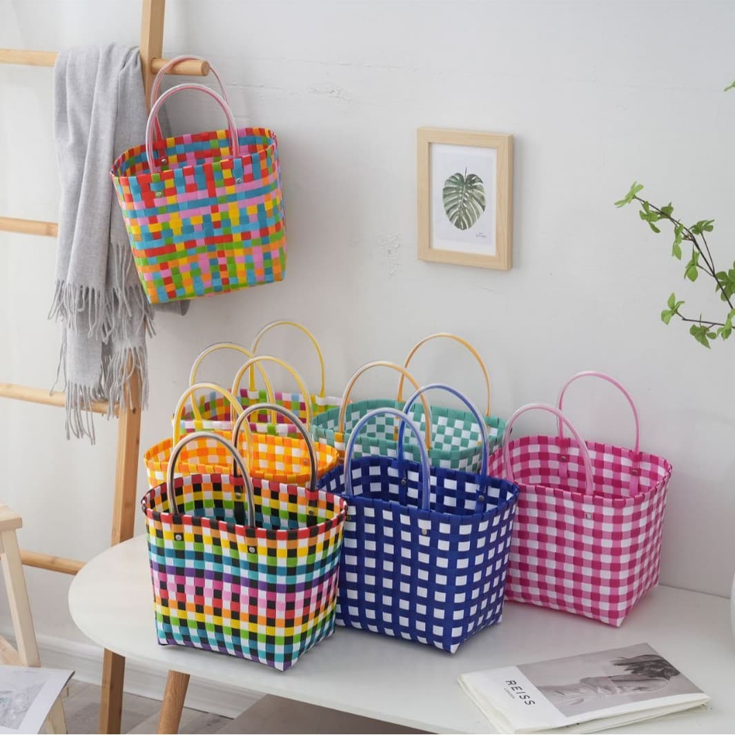 Handwoven Plastic Woven Handbag for Women, Travel Plastic Woven Bag, Gift Plastic Woven Small Square Bag, Handmade Beach Bag