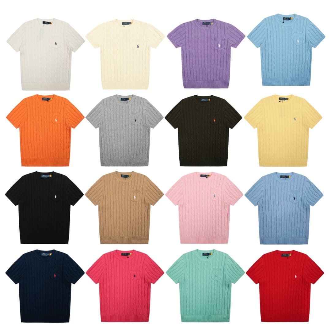 Scannable~RL Ralph Lauren Knit Cable Pocket Short Sleeve T-Shirt with Pony Embroidery, Round Neck, Cable Knit Women's Top, Drop Shipping