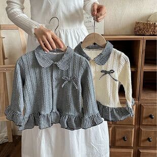 New Autumn Girls Lace Sweatshirt Two-Piece Fake Layering Sweet Peter Pan Collar Knit Top for Kids