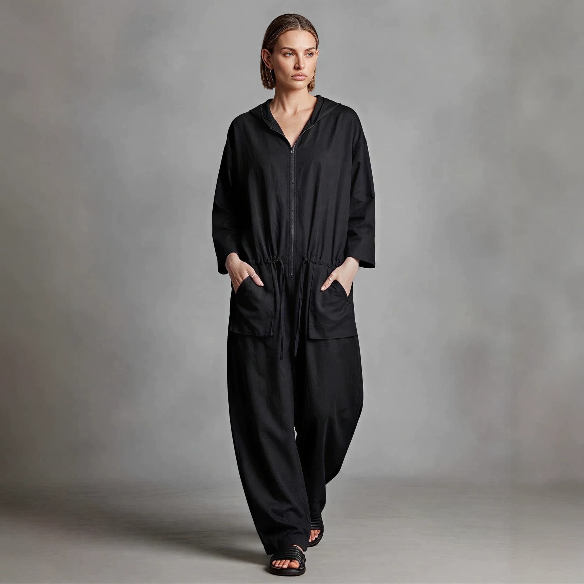 2026 Women's Cross-Border Fashion Hooded Drawstring Wide-Leg Jumpsuit, Loose Casual Cotton-Blend Three-Quarter Sleeve