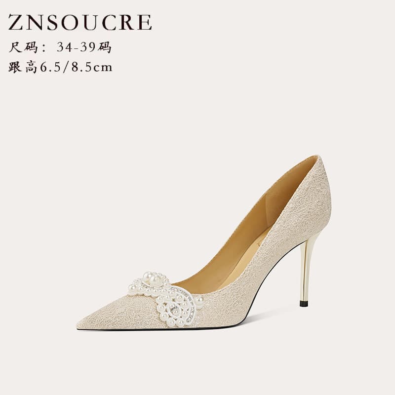 708-B85 French Bridal Wedding Shoes Stiletto Heels Women's High Heels Rhinestone Pointed Toe Sheepskin New