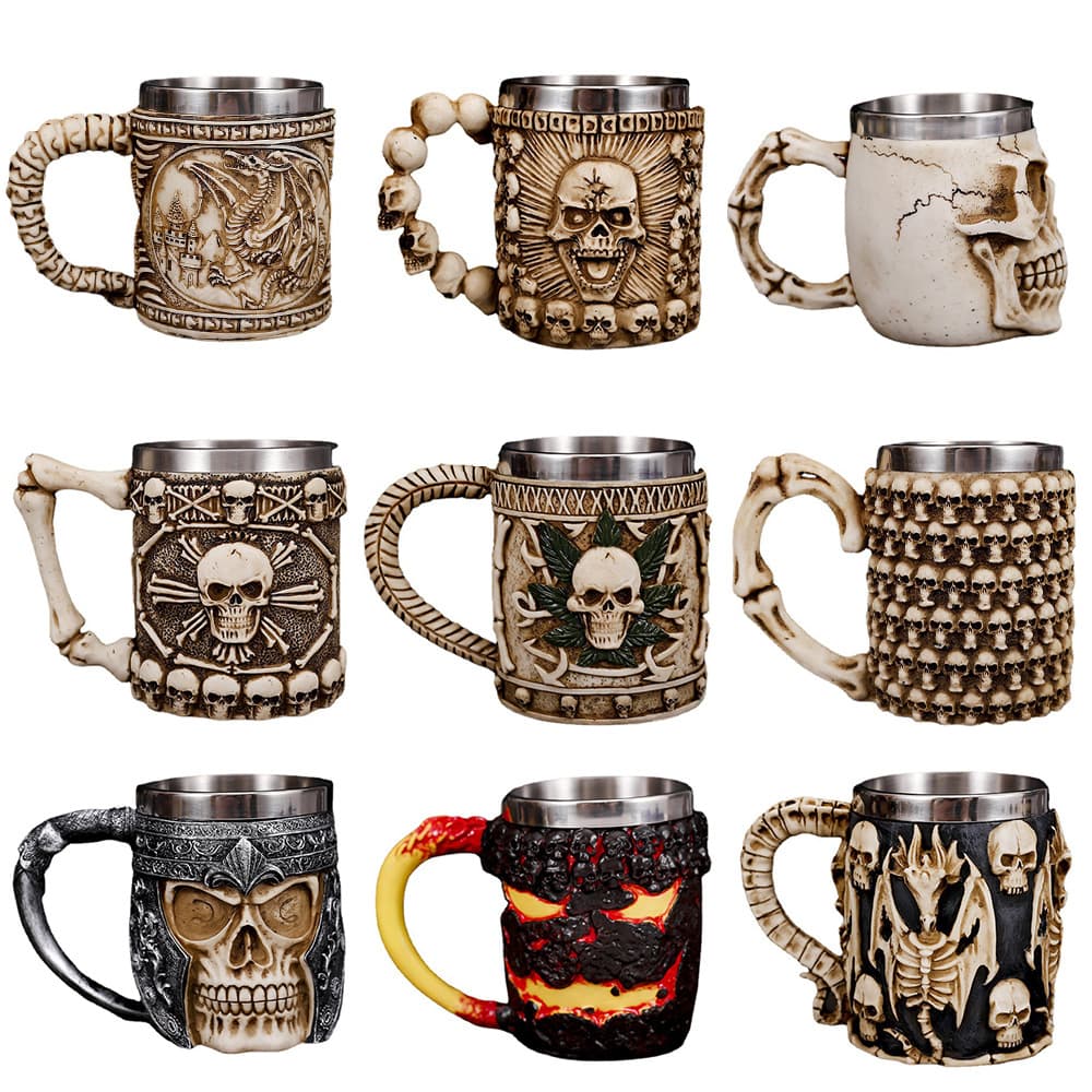 Foreign Trade Cross-border Skull Cup Mug 3D Three-dimensional Double-layer Stainless Steel Resin Craft Wine Glass In Stock Wholesale