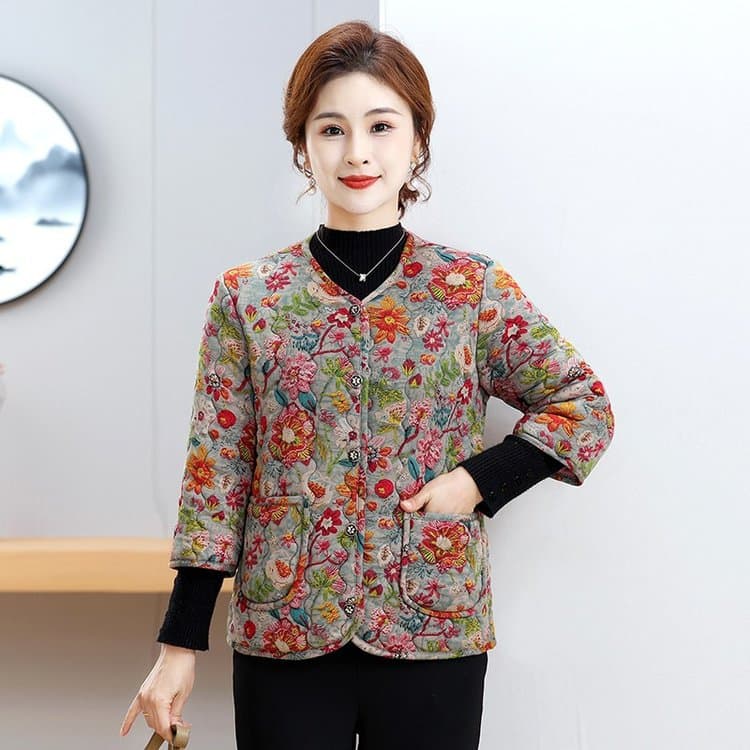 Autumn and winter new mother's wear vest women fleece lined thickened warm waistcoat middle-aged and elderly three-quarter sleeve floral camel wool cotton coat