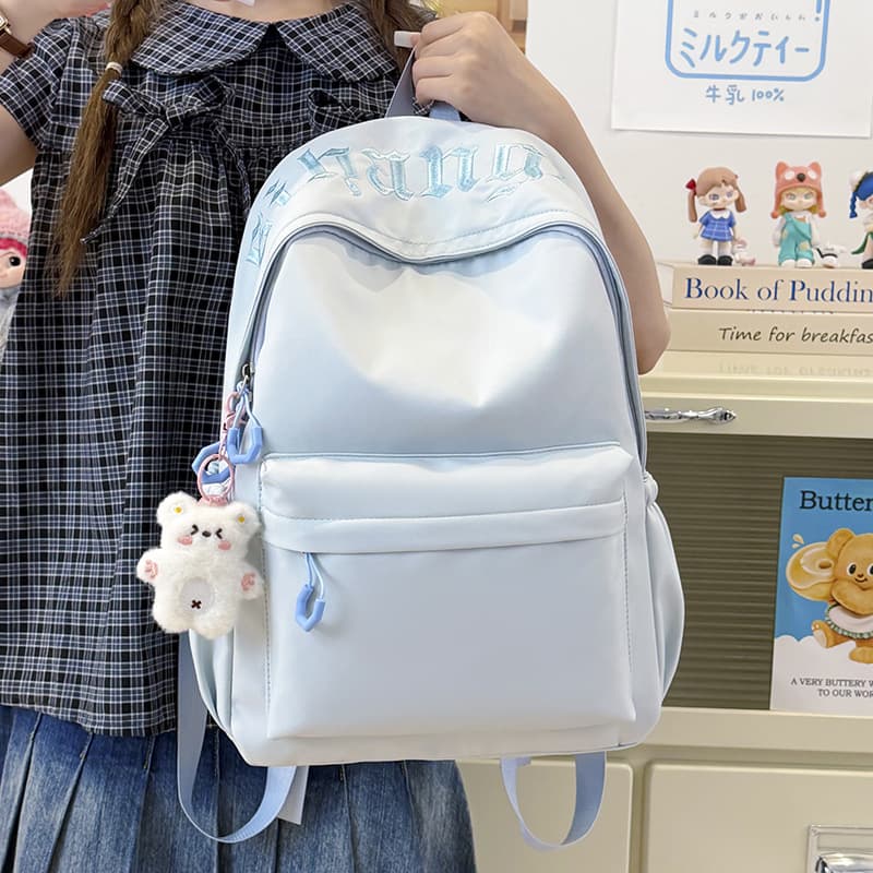 Sea Salt Icy Blue Soft Light Embroidery Series Solid Color Backpack, Girly Heart, for Shopping, Outings, Weekend Interest Classes, Small Schoolbag