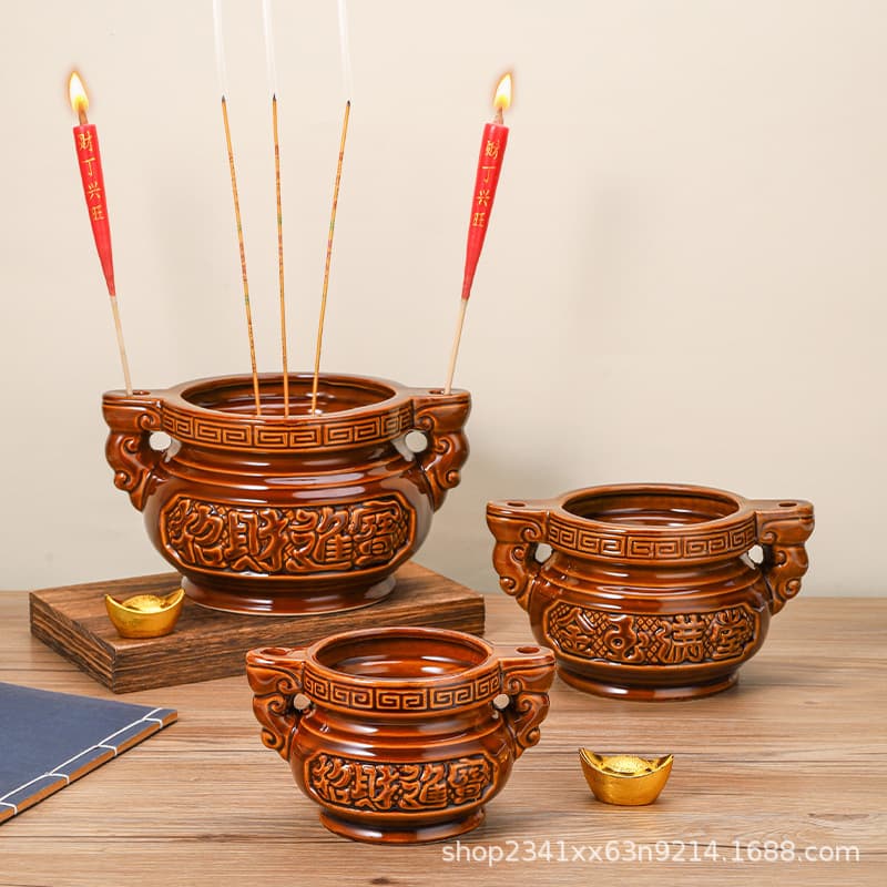 [Extra Thick] Double-Handled Incense Burner, Ceramic Altar Incense Holder for Guanyin/Wealth God