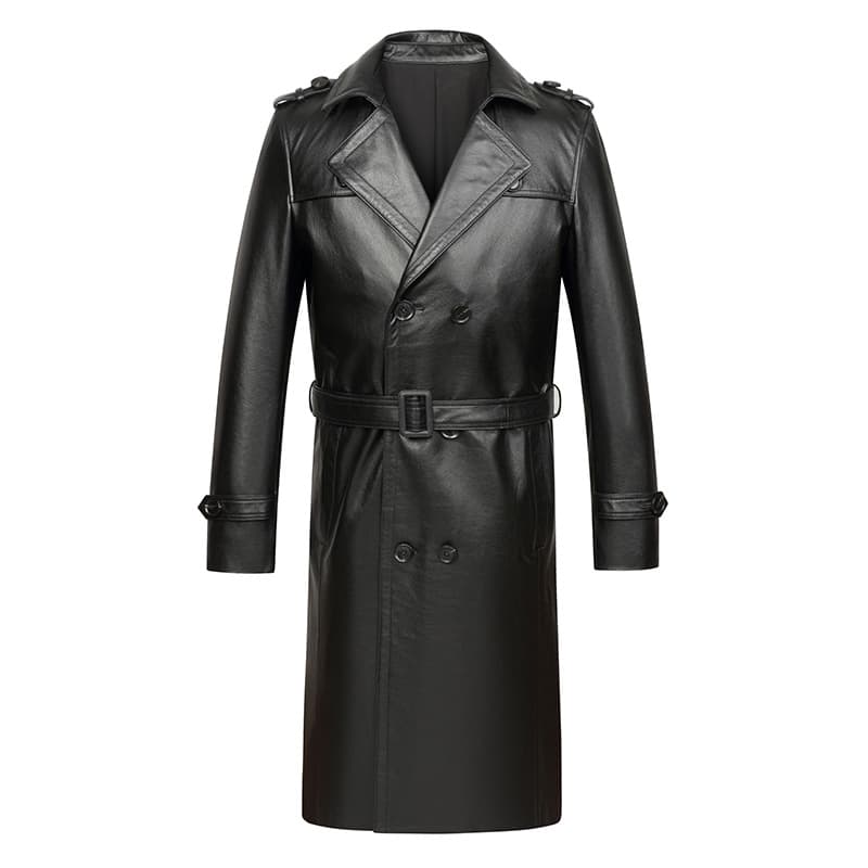 New Haining Genuine Leather Jacket for Men, Top Layer Cowhide, Long Leather Trench Coat with Belt, Suit Collar, Jacket, Overcoat
