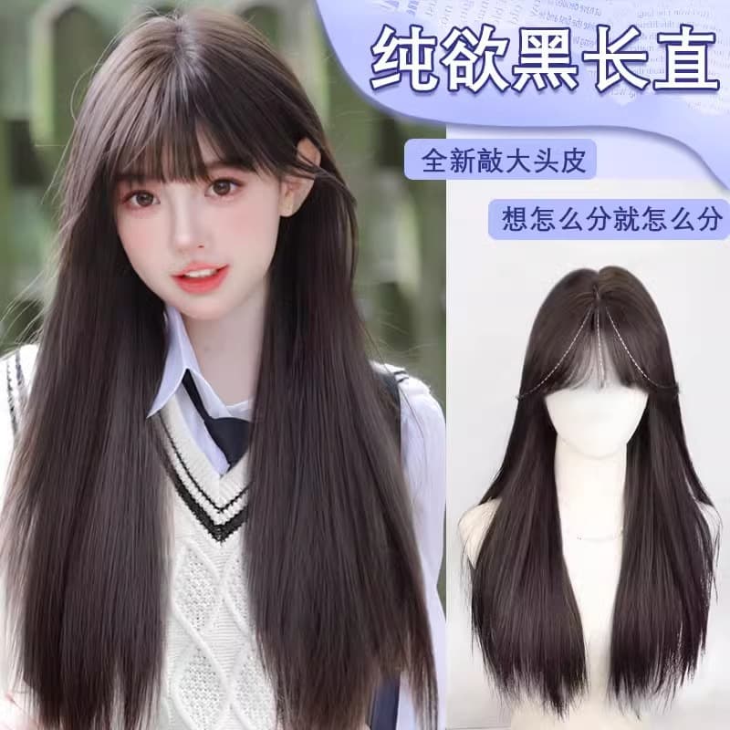 Long Natural Full Cap Real Human Hair Wig for Women, Black Straight Long Hair, Full Length Curly Wig with Straight Bangs