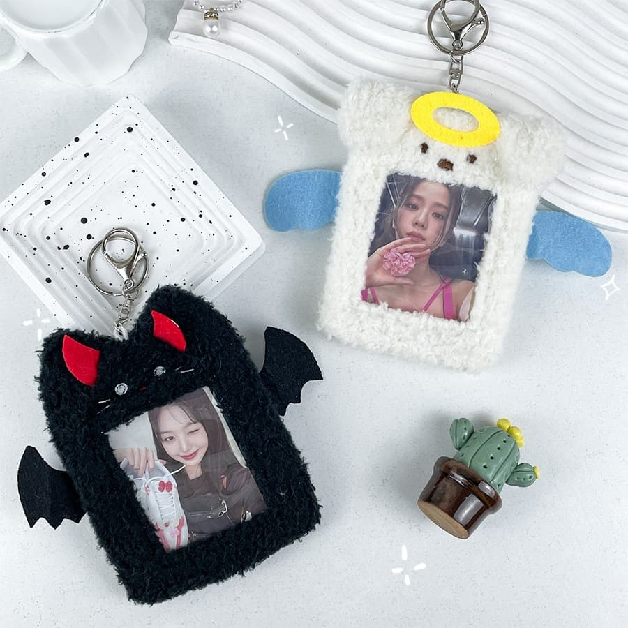 Cute Korean-style angel and devil puppy and kitten plush card holder, idol photo display pendant