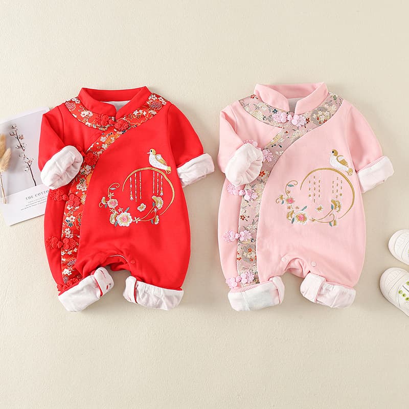 Baby spring and autumn Chinese style jumpsuit newborn baby girl princess retro embroidered harem cute trendy harem