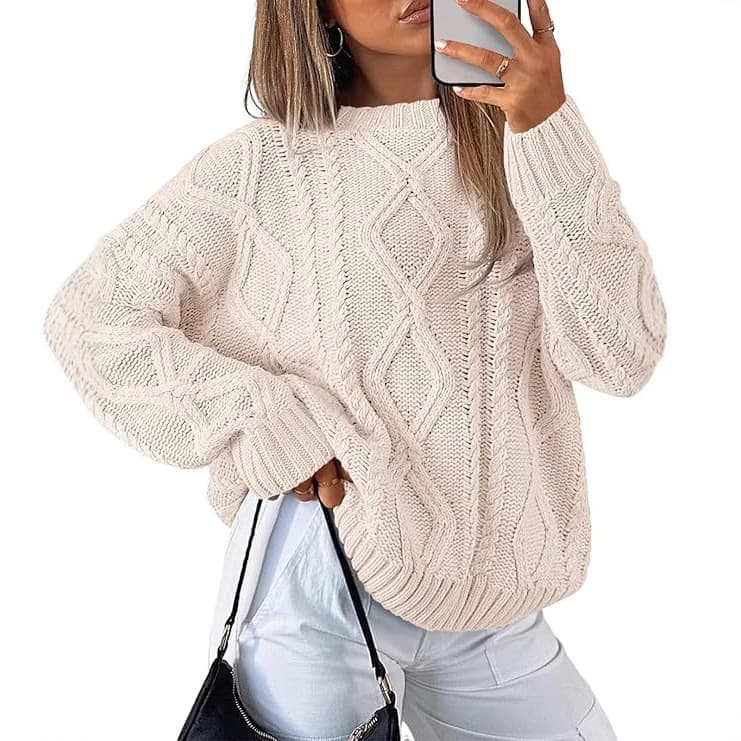 New Cross-Border European and American Solid Color Loose Casual Knit Sweater Amazon Autumn and Winter Round Neck Pullover Cable Knit Sweater for Women